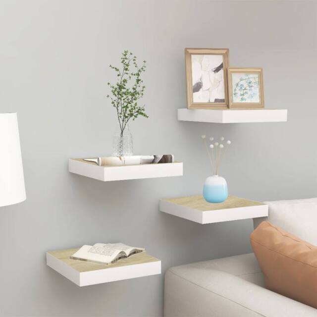 Berkfield Home Floating Wall Shelves 4 pcs Oak & White 23x23.5x3.8 cm MDF in Brown - image 1