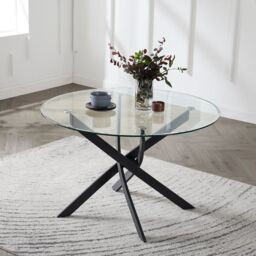 Home Detail Leon Round Glass Dining Table with Black Legs - Size: 120 cm