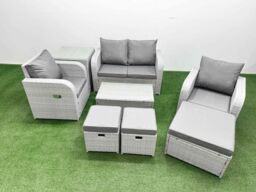 Fimous Light Grey PE Wicker Rattan Garden Furniture Set Sofa Set Reclining Adjustable Chair Rectangular Coffee Table 7 Seater 3 Stools Side Table - thumbnail 1