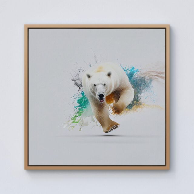 Warren Reed - Designer Charging Polar Bear Framed Canvas in Light Brown - Size: w10 inch x h10 inch - image 1