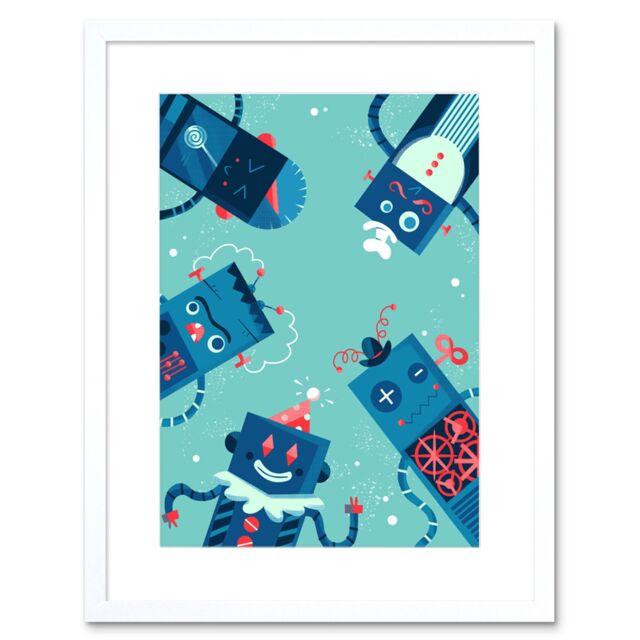 "Artery8 Wall Art Print Robot Family Art Framed 9x7 inch in White - Size: W7"" x H9""" - image 1