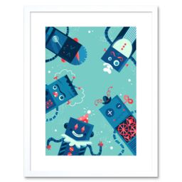 "Artery8 Wall Art Print Robot Family Art Framed 9x7 inch in White - Size: W7"" x H9""" - thumbnail 1