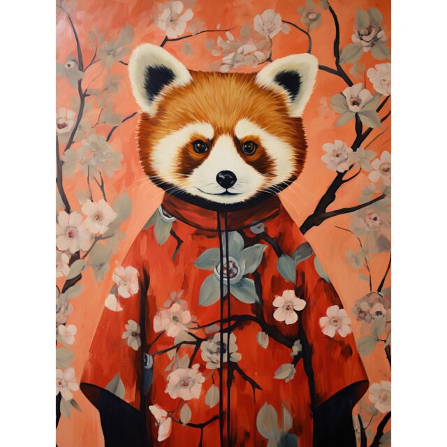 "Artery8 Wall Art Print Red Panda in Kimono Cherry Blossom Trees Japan Poster - Size: W18"" x H24""" - image 1