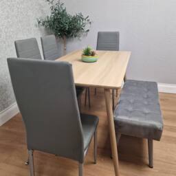 KOSY KOALA Wooden Dining Table Set With 4 Grey Metal Chairs & 1 Matching Bench in Brown - thumbnail 4