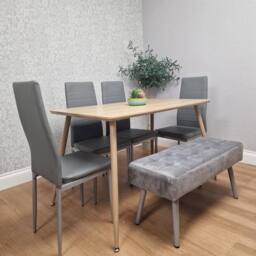 KOSY KOALA Wooden Dining Table Set With 4 Grey Metal Chairs & 1 Matching Bench in Brown - thumbnail 1