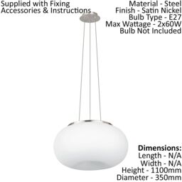 Loops Pendant Ceiling Light Colour Satin Nickel Shade White Glass Opal Matt E27 2x60W in Metallics - thumbnail 2