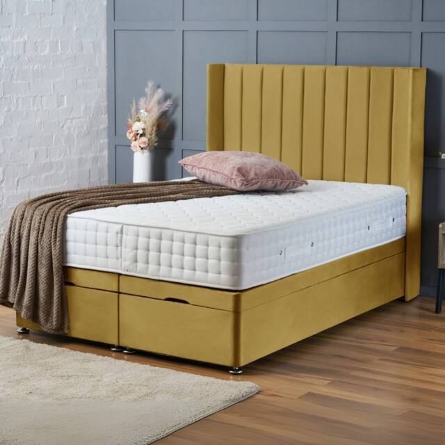 "BSSPOKE Hannah Ottoman Divan Bed Plush Velvet 54"" Headboard & Mattress in Mustard - Size: Double" - image 1
