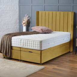 "BSSPOKE Hannah Ottoman Divan Bed Plush Velvet 54"" Headboard & Mattress in Mustard - Size: Double" - thumbnail 1