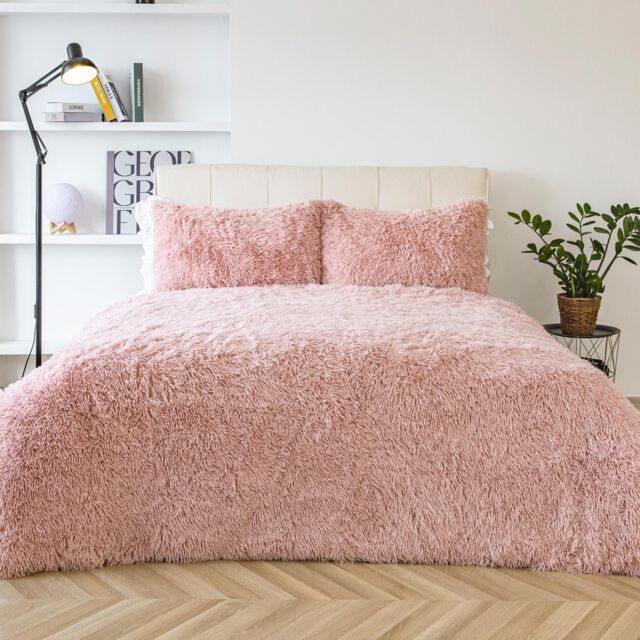 OHS Teddy Duvet Cover Set Bedding Soft Fleece Faux Fur Shaggy in Light Pink - Size: Double - image 1