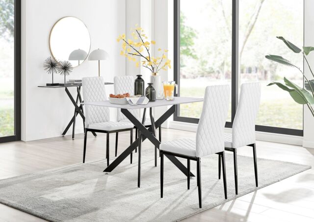 FurnitureboxUK Leonardo Grey Glass Marble Effect Black Leg Table & 4 Milan Black Leg Chairs in White - image 1