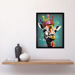 "Artery8 Wall Art Print Giraffe Wearing Rainbow Crown King Queen Pop Art Framed in Black - Size: W12"" x H16""" - thumbnail 2