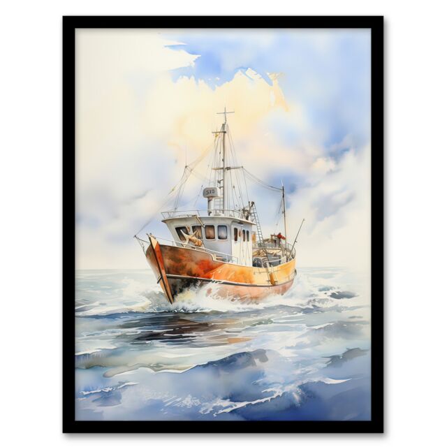 "Artery8 Wall Art Print Fishing Boat at Sea Detailed Watercolour Seascape Framed in Blue - Size: W12"" x H16""" - image 1