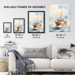 "Artery8 Wall Art Print Fishing Boat at Sea Detailed Watercolour Seascape Framed in Blue - Size: W12"" x H16""" - thumbnail 3