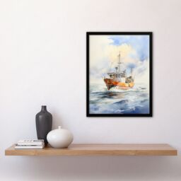 "Artery8 Wall Art Print Fishing Boat at Sea Detailed Watercolour Seascape Framed in Blue - Size: W12"" x H16""" - thumbnail 4