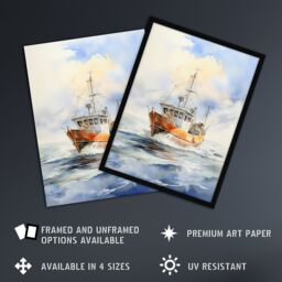 "Artery8 Wall Art Print Fishing Boat at Sea Detailed Watercolour Seascape Framed in Blue - Size: W12"" x H16""" - thumbnail 2