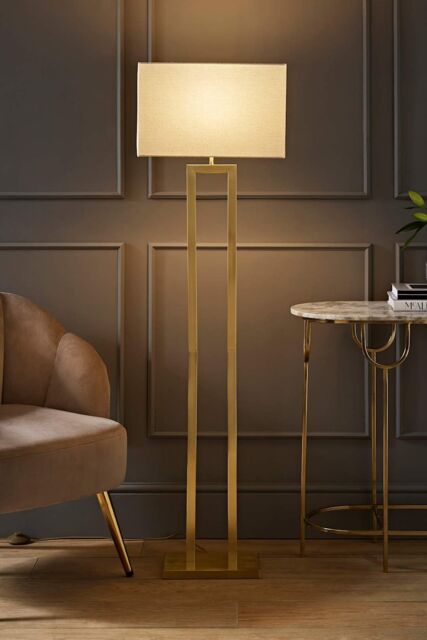 ValueLights Gloria Double Stem Metal Floor Lamp with Rectangular Lamp Shade in Metallic Gold - image 1