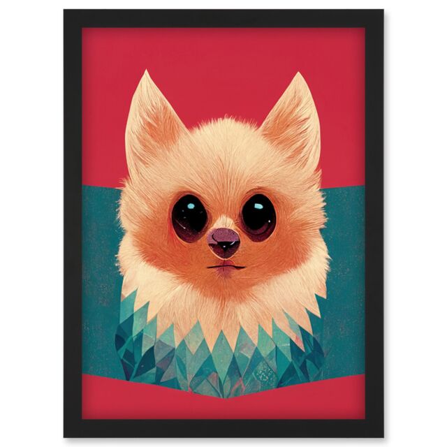 Artery8 Cute Geometric Pomeranian Dog Illustration Artwork Framed Wall Art Print A4 in Black - image 1
