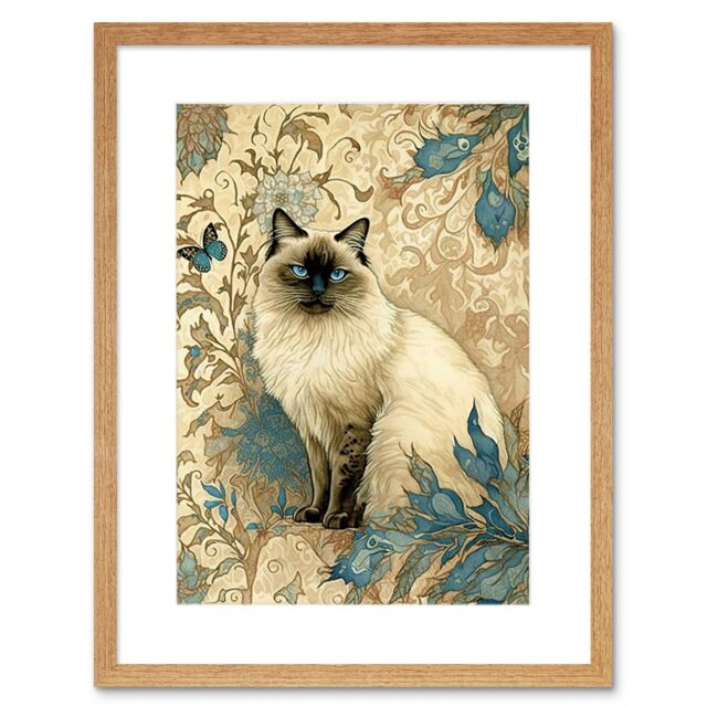"Artery8 Wall Art Print Blue Point Ragdoll Cat with Teal Plants Art Nouveau Watercolour Artwork Framed 9X7 Inch in Beige - Size: W7"" x H9""" - image 1