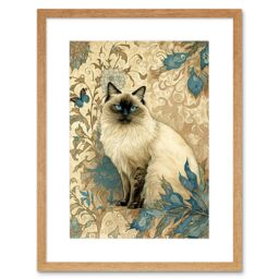 "Artery8 Wall Art Print Blue Point Ragdoll Cat with Teal Plants Art Nouveau Watercolour Artwork Framed 9X7 Inch in Beige - Size: W7"" x H9"""