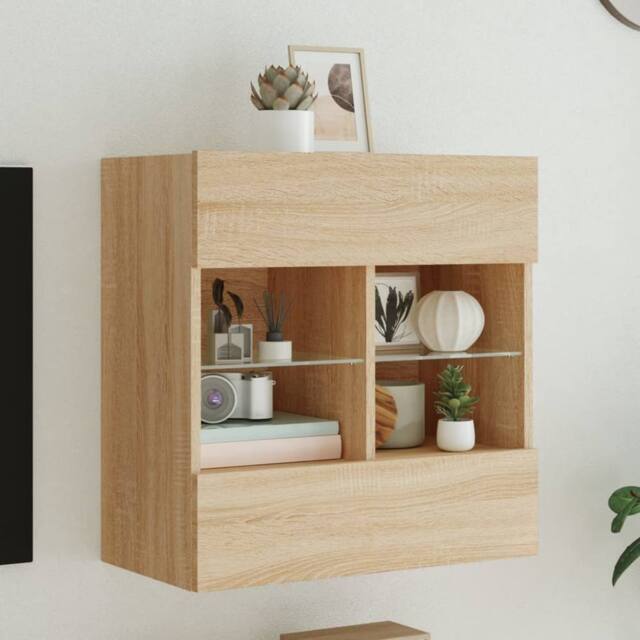 Berkfield Home TV Wall Cabinet with LED Lights Sonoma Oak 58.5x30x60.5 cm in Natural - image 1