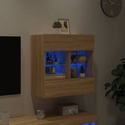 Berkfield Home TV Wall Cabinet with LED Lights Sonoma Oak 58.5x30x60.5 cm in Natural - thumbnail 4