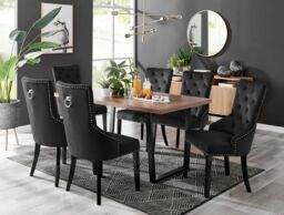 FurnitureboxUK Kylo Large Brown Wood Effect Dining Table & 6 Belgravia Black Leg Velvet Chairs - thumbnail 1