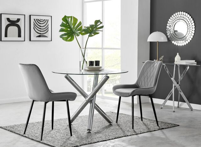 FurnitureboxUK Selina Round Glass Chrome Leg Dining Table & Pesaro Black Leg Chairs in Grey - Size: 4 Person - image 1
