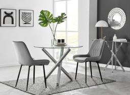 FurnitureboxUK Selina Round Glass Chrome Leg Dining Table & Pesaro Black Leg Chairs in Grey - Size: 4 Person - thumbnail 1