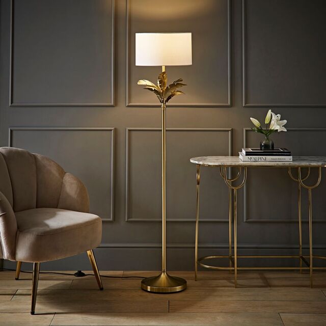 ValueLights Christina Fabric Drum Shade Gold Palm Leaf Floor Lamp with LED Bulb in White - image 1