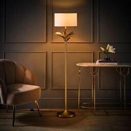 ValueLights Christina Fabric Drum Shade Gold Palm Leaf Floor Lamp with LED Bulb in White - thumbnail 3