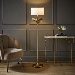 ValueLights Christina Fabric Drum Shade Gold Palm Leaf Floor Lamp with LED Bulb in White
