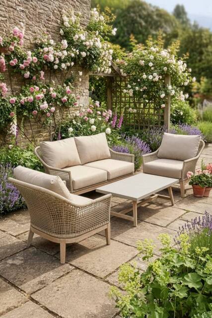 Dibor 4pc Garden Sofa Set Woven Patio Furniture with Cushions Coffee Table in Natural - image 1