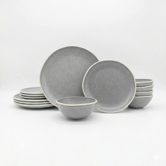 Glim & Glam Reactive Grey Glaze Dinner Set Nordic Pebble Plates Bowls 12pc Set - image 1