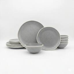 Glim & Glam Reactive Grey Glaze Dinner Set Nordic Pebble Plates Bowls 12pc Set - thumbnail 1