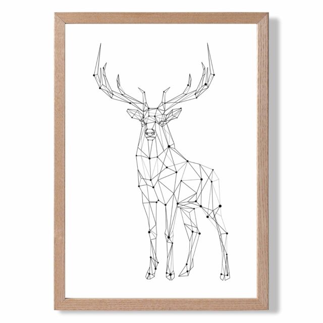 ARTZE Line Art Stag Geometric Animal Framed Print SIZE: A4 with Oak Frame in Black - image 1
