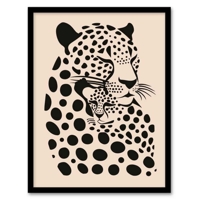 "Artery8 Leopard Mother Pup Baby Black Tan Graphic Design Framed Wall Art in Beige - Size: W12"" x H16""" - image 1