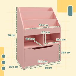 HOMCOM Kids Bookshelf Bookcase with Storage Drawer with Wheels Toy Organiser in Pink - thumbnail 3