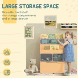 HOMCOM Kids Bookshelf Bookcase with Storage Drawer with Wheels Toy Organiser in Pink - thumbnail 4