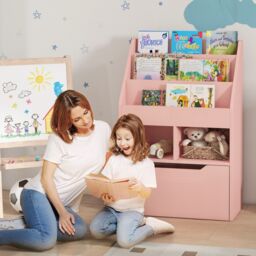 HOMCOM Kids Bookshelf Bookcase with Storage Drawer with Wheels Toy Organiser in Pink - thumbnail 1