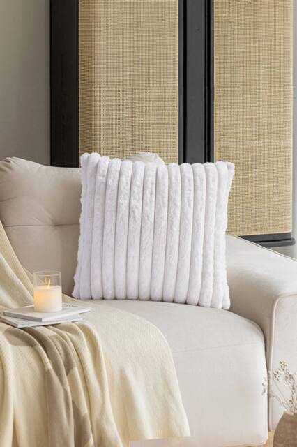 Living and Home 45x45cm Brushed Fabric Cushion Fluffy Striped Throw Pillow in White - Size: 45x45 cm - image 1