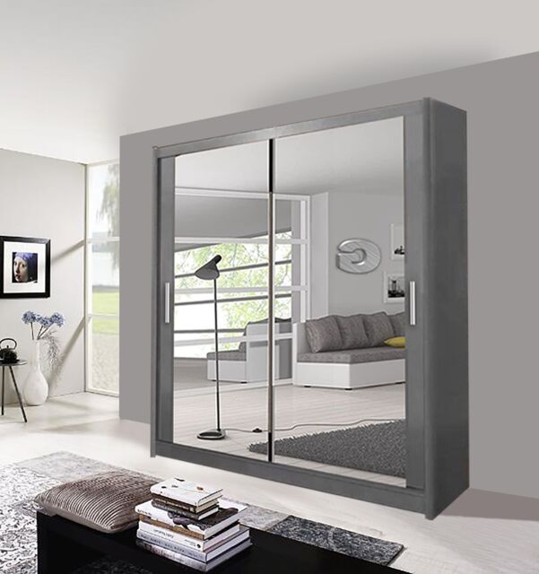 OLYMPIA FURNITURE Milan 203cm Sliding Mirror Door Wardrobe With Hanging Rails & Shelves Available In 4 Colour in Grey - image 1