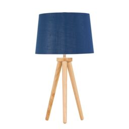 First Choice Lighting Voyage - Light Oak Table Lamp Bedside Light with Navy & Silver Shade in Brown