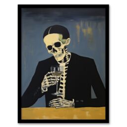 Artery8 Drowning My Sorrows By Ryan Ramirez Skeleton Bones Halloween Artwork Painting Art Print Framed Poster Wall Decor in Black - Size: A4 - thumbnail 1