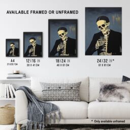 Artery8 Drowning My Sorrows By Ryan Ramirez Skeleton Bones Halloween Artwork Painting Art Print Framed Poster Wall Decor in Black - Size: A4 - thumbnail 3