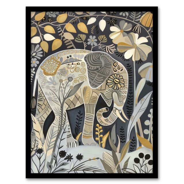 "Artery8 Elephant Flowers Artwork Quirky Floral Folk Art Framed Art Print - Size: W12"" x H16""" - image 1