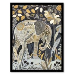 "Artery8 Elephant Flowers Artwork Quirky Floral Folk Art Framed Art Print - Size: W12"" x H16""" - thumbnail 1