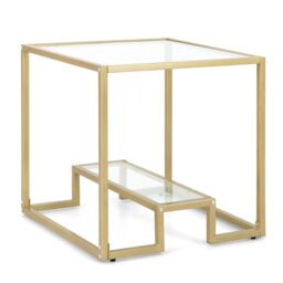 Costway 2-Tier Square Side Table Sofa End Snack Table Nightstand Tempered Glass Tabletop in Gold - thumbnail 1