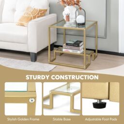Costway 2-Tier Square Side Table Sofa End Snack Table Nightstand Tempered Glass Tabletop in Gold - thumbnail 3