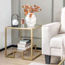 Costway 2-Tier Square Side Table Sofa End Snack Table Nightstand Tempered Glass Tabletop in Gold - thumbnail 5