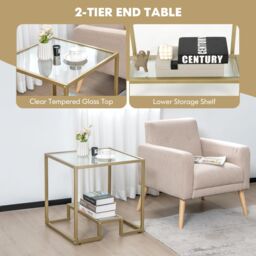 Costway 2-Tier Square Side Table Sofa End Snack Table Nightstand Tempered Glass Tabletop in Gold - thumbnail 4